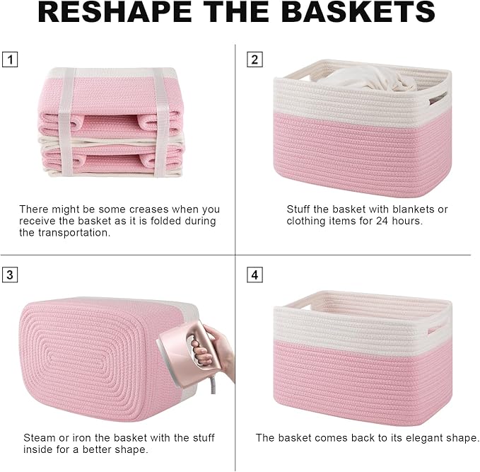 4 Pack Storage Baskets for Organizing, Woven Baskets for Shelves - Perfect for Toys, Books, Towels, and Clothes, Durable Gift Basket Bins Toy Storage, 12.7''Lx9''Wx7.8''H, Pink & White