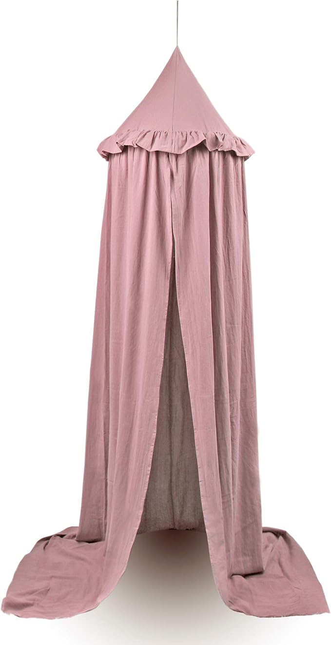 Kids Bed Canopy with Frills Cotton Cover Net for Crib Reading Nook Curtain Hideaway Hanging Round Tent Nursery Bedding Play Room Decor