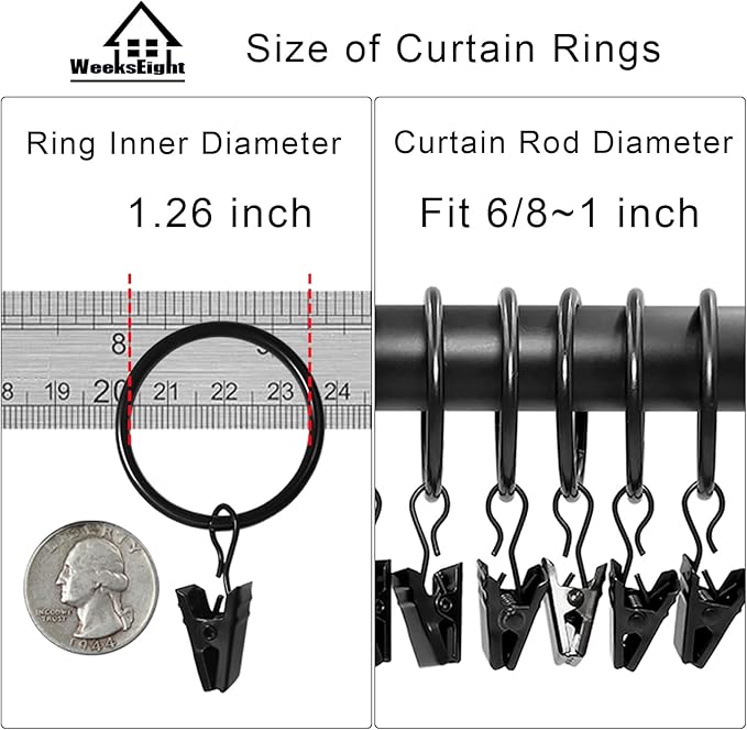 100 Pack Black Curtain Rings with Clips, Curtain Hooks Hangers Clip Rings for Hanging Drapes Bows Hat, Drapery Rings 1.26 in I D, Fits up to 1 in Diameter Curtain Rod.