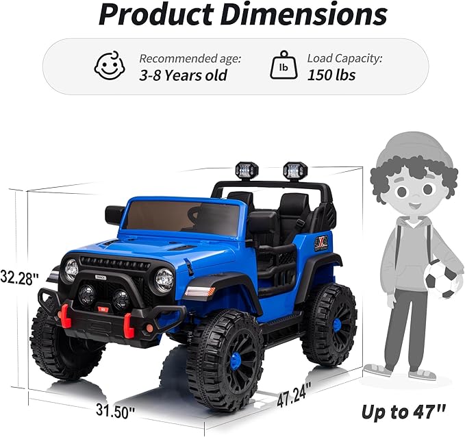 2 Seater Ride on Car Truck, 12V Kids Electric Ride on Toy for Big Kids Age 3-8 w/Remote Control- Blue