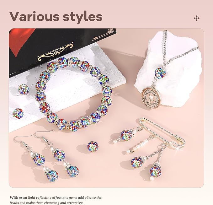 105pcs 10mm Rhinestone Beads for Jewelry Making, White Mixed Shiny Round Disco Ball Beads Bulk, Sparkle Crystal Clay Christmas for Bracelet Baseball Necklace Earring Crafting and DIY