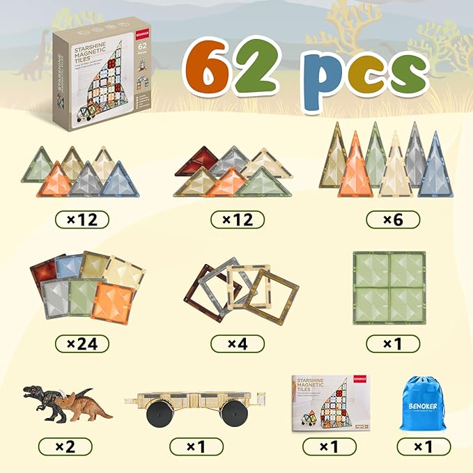 3D Magnetic Tiles, STEM Learning and Encourage Imaginative Play Magnetic Blocks, Preschool Puzzle Toys with Dinosaur, Gift for Boys and Girls 3 4 5 6 7 8 Years+