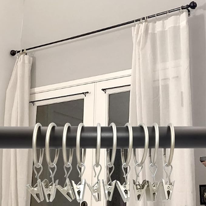100 Pack Matte Silver Curtain Rings with Clips, Curtain Hooks Hangers Clip Rings for Hanging Drapes Bows Hat, Drapery Rings 1.26 in I D, Fits up to 1 in Diameter Curtain Rod.