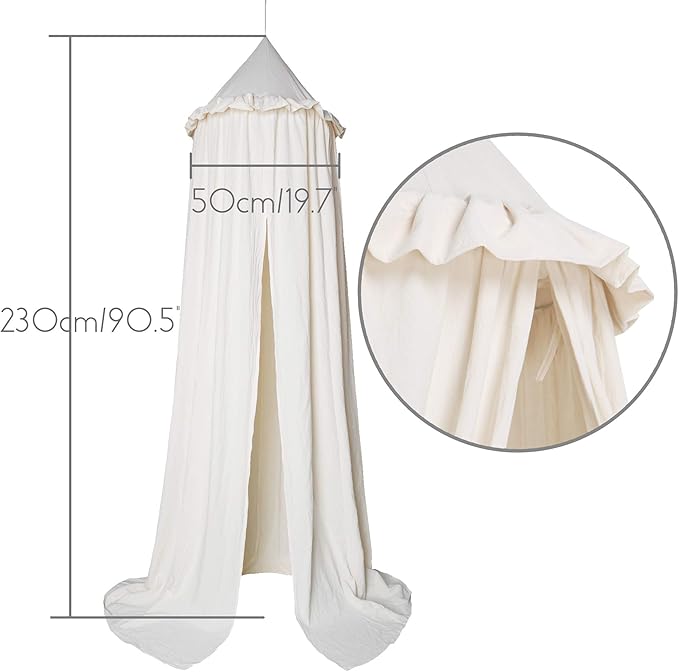 Kids Bed Canopy with Frills Cotton Cover Net for Crib Reading Nook Curtain Hideaway Hanging Round Tent Nursery Bedding Play Room Decor