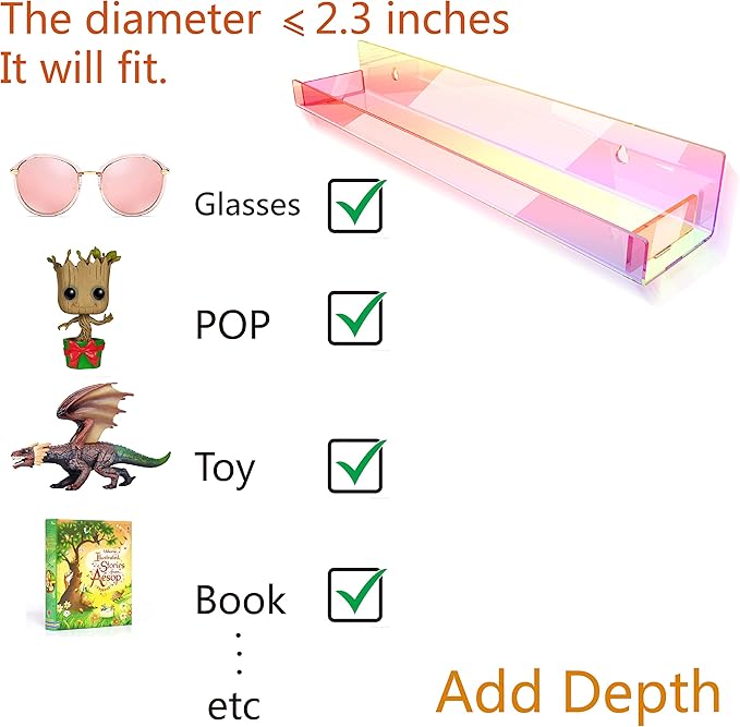 4 Pack 15 Inch Iridescent Acrylic Shelves, Clear Rainbow Floating Shelves for Wall, Modern Sunglasses Essential Oil Picture Ledge Display Toy Storage Wall Shelf