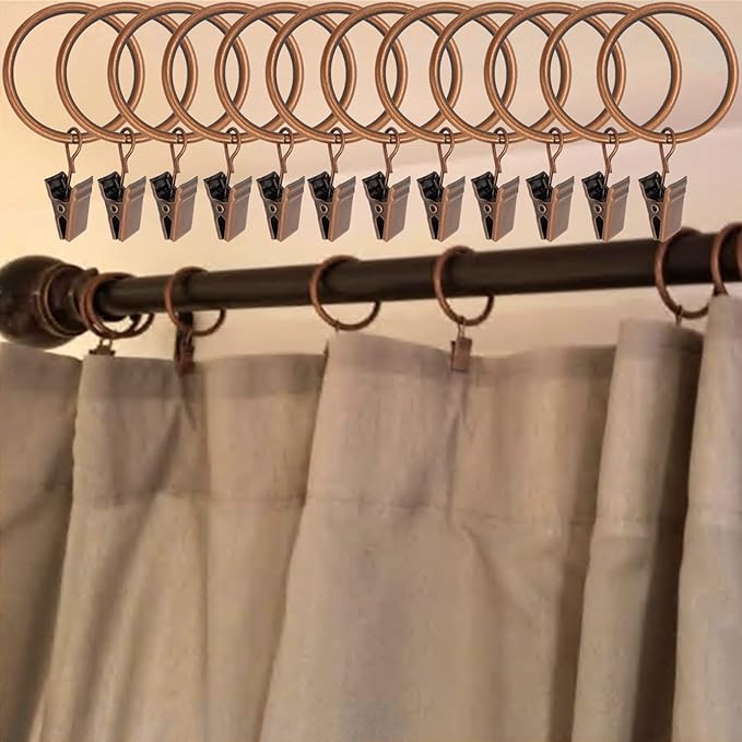 100 Pack Antique Copper Curtain Rings with Clips, Curtain Hooks Hangers Clip Rings for Hanging Drapes Bows Hat, Drapery Rings 1.5 in I D, Fits up to 1.2 in Diameter Curtain Rod.