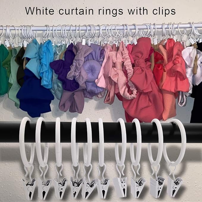 100 Pack White Curtain Rings with Clips, Curtain Hooks Hangers Clip Rings for Hanging Drapes Bows Hat, Drapery Rings 1.5 in I D, Fits up to 1.2 in Diameter Curtain Rod.