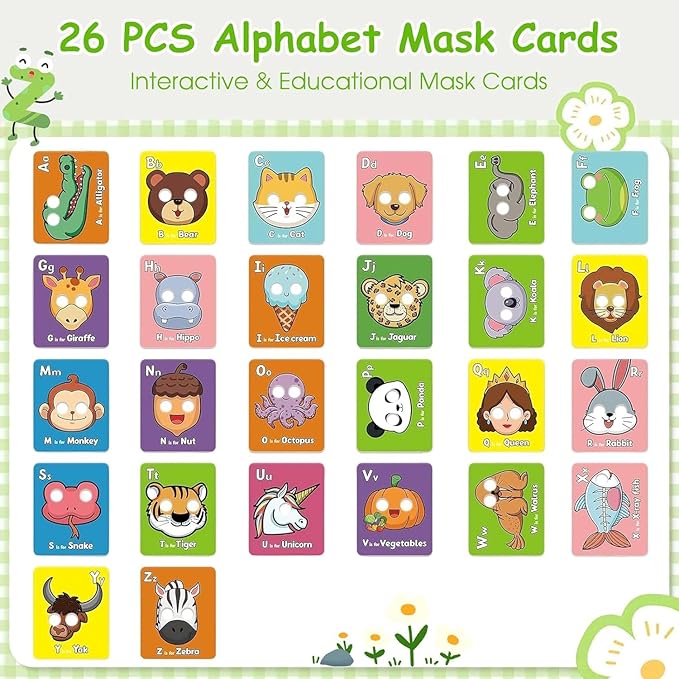 26 PCS Alphabet ABC Flash Cards,Giant ABC Animal Mask Flash Cards,26 Lowercase and Uppercase Letter Cards,Educational Learning Games