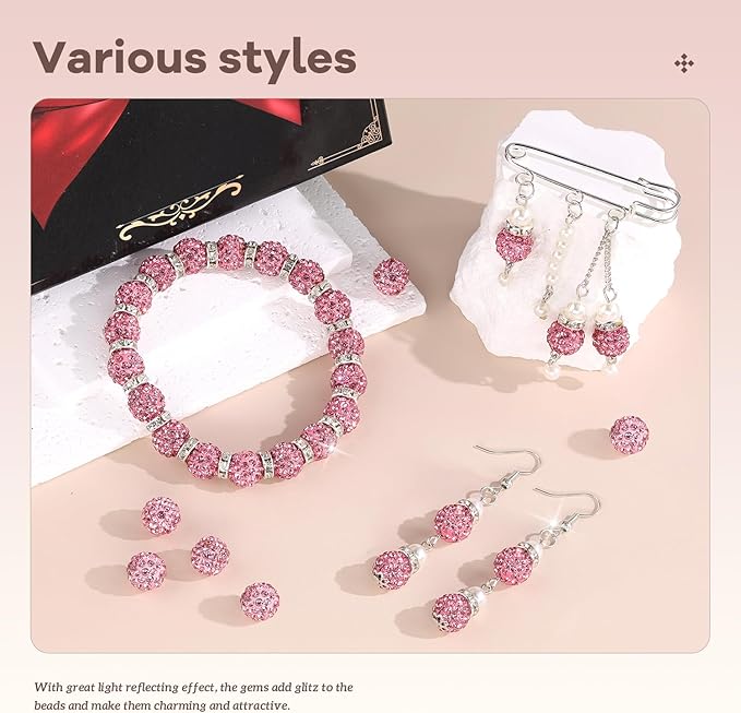 105pcs 10mm Rhinestone Beads for Jewelry Making, Dark Pink Shiny Round Disco Ball Beads Bulk, Sparkle Crystal Clay Christmas for Bracelet Baseball Necklace Earring Crafting and DIY