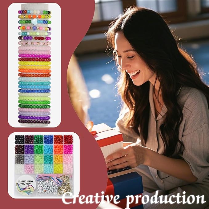 JULIMAIDONG 6mm Glass for Bracelets 1400pcs, 24 Colors Round Crystal Glass Bracelet Making Kit for Jewelry Making Kits Bead DIY Crafts with Spacer Charms Accessories (6mm, 24Color)