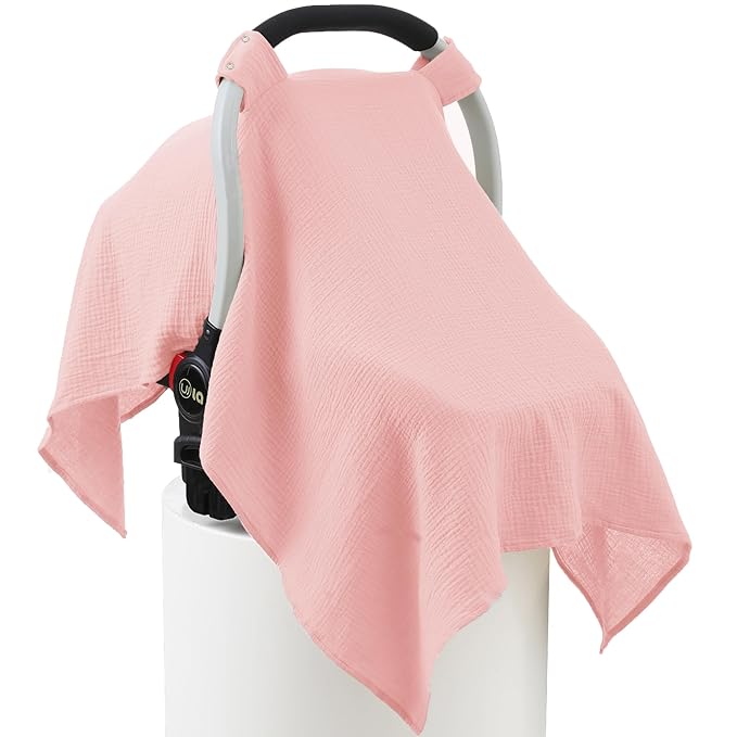 100% Muslin Cotton Car Seat Cover Baby, Carseat Canopy Cover, Universal Fit Stroller Covers for Boys and Girls (Pink)