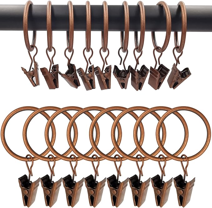 100 Pack Antique Copper Curtain Rings with Clips, Curtain Hooks Hangers Clip Rings for Hanging Drapes Bows Hat, Drapery Rings 1.26 in I D, Fits up to 1 in Diameter Curtain Rod.