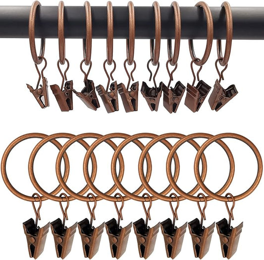 100 Pack Antique Copper Curtain Rings with Clips, Curtain Hooks Hangers Clip Rings for Hanging Drapes Bows Hat, Drapery Rings 1.26 in I D, Fits up to 1 in Diameter Curtain Rod.