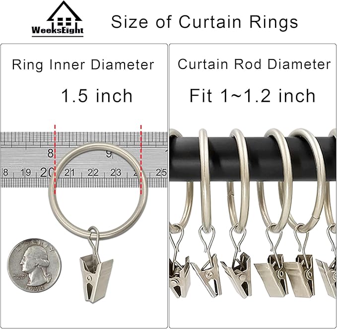 100 Pack Matte Silver Curtain Rings with Clips, Curtain Hooks Hangers Clip Rings for Hanging Drapes Bows Hat, Drapery Rings 1.5 in I D, Fits up to 1.2 in Diameter Curtain Rod.