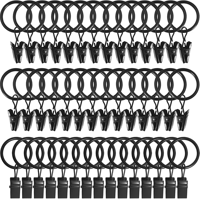 100 Pack Black Curtain Rings with Clips, Curtain Hooks Hangers Clip Rings for Hanging Drapes Bows Hat, Drapery Rings 1 in I D, Fits up to 5/8 in Diameter Curtain Rod.
