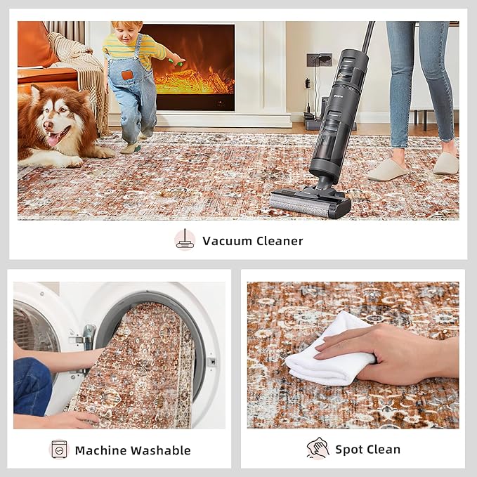 3x8 Runner Rug Non Slip - Kitchen Washable Rug Runner with Non-Shedding, Boho Rugs Cream Runners Rug for Hallways Distressed Carpet Runner Rugs for Bedroom Brick Red