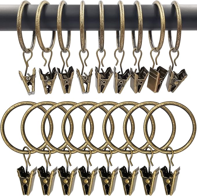 100 Pack Bronze Curtain Rings with Clips, Curtain Hooks Hangers Clip Rings for Hanging Drapes Bows Hat, Drapery Rings 1.26 in I D, Fits up to 1 in Diameter Curtain Rod.