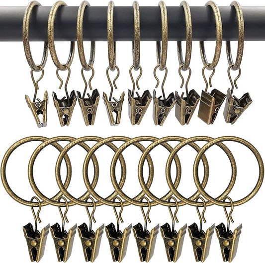 100 Pack Bronze Curtain Rings with Clips, Curtain Hooks Hangers Clip Rings for Hanging Drapes Bows Hat, Drapery Rings 1.26 in I D, Fits up to 1 in Diameter Curtain Rod.