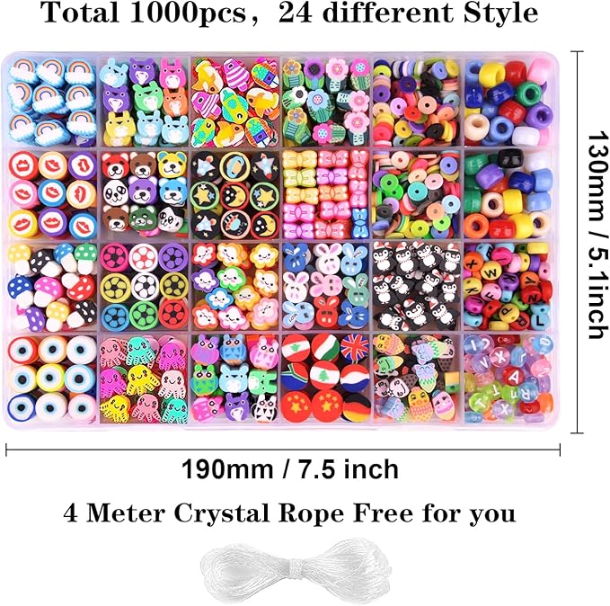 1000PCS Polymer Clay Beads Bracelet Making kit, 24 Style Cute Fun Beads Flower Animal Rainbow Eye Charms for Jewelry Necklace Earring Making DIY Accessories for Women Girls