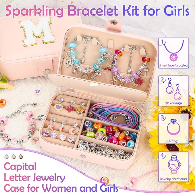 Kids Bracelet Making Kit with Jewelry Box for Girls Charm Beads for Jewelry Making Kit DIY Bracelet Craft Kit for Teen Girls Age 8-12 Kids Toy Birthday Valentine Gifts Christmas