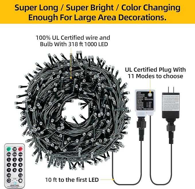 1000 LED 328ft 11 Modes with Timer Remote Christmas String Lights IP55 Outdoor Waterproof UL Certificated Indoor Fairy Lights Garden Patio Christma Trees Parties Wedding Decoration Two-Color