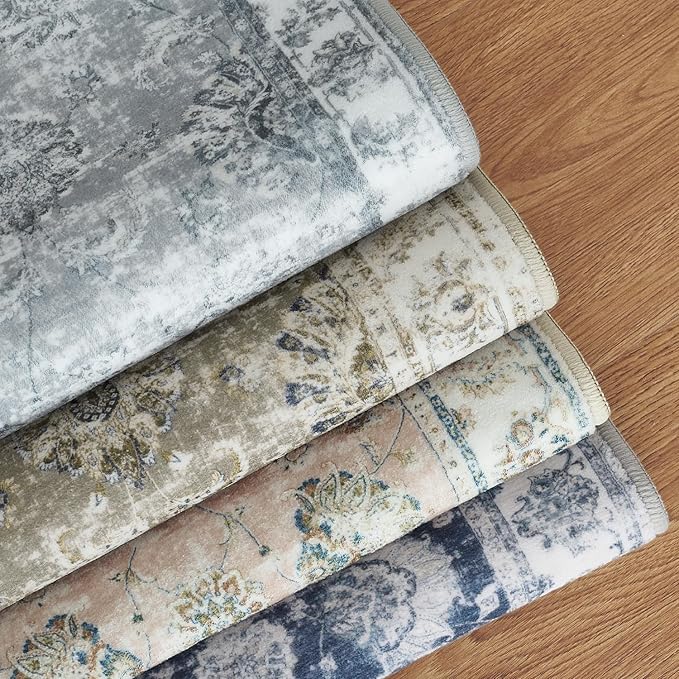 jinchan Runner Rug 2x6 Washable Hallway Runner - Vintage Floral Non Slip Low-Pile Soft Thin Kitchen Rug Distressed Carpet for Farmhouse Bedroom Entryway Laundry Room(2x6ft,Grey)