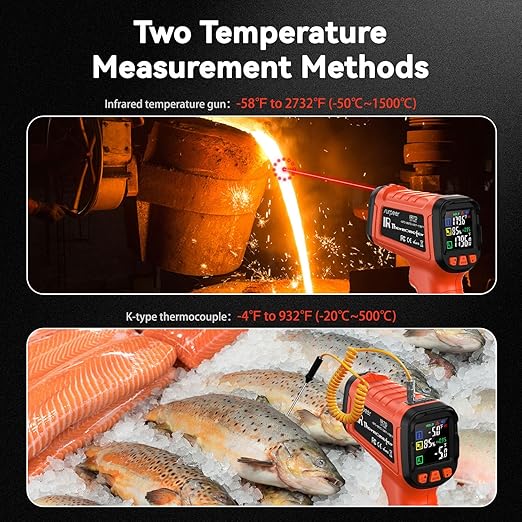 -58°F to 2732°F Infrared Thermometer Temperature Gun with Thermocouple Probe, 50:1 Laser Temperature Gun for Humidity Measurement, BBQ, AC, High Temp Gun for Engine, Kiln, Forging, Industrial Use