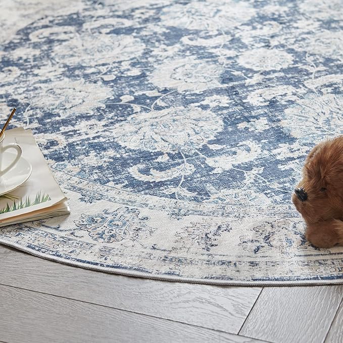 jinchan Round Rug 6ft Area Rugs Vintage Floral Distressed Design - Machine Washable Non-Slip Low-Pile Ultra-Thin Circle Rug for Entryway Bedside Living Room Dining Room Bedroom (6' Round,Dark Blue)