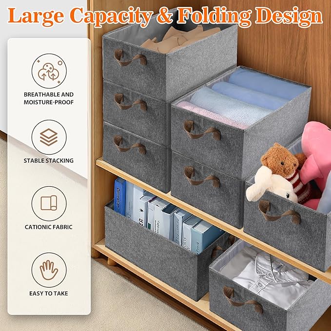 10 Pack Large Capacity Storage Bins, 25L Fabric Closet Organizer With Handles, Collapsible Baskets for Shelves, Clothing, Sheets, Books, Toys (Gray)