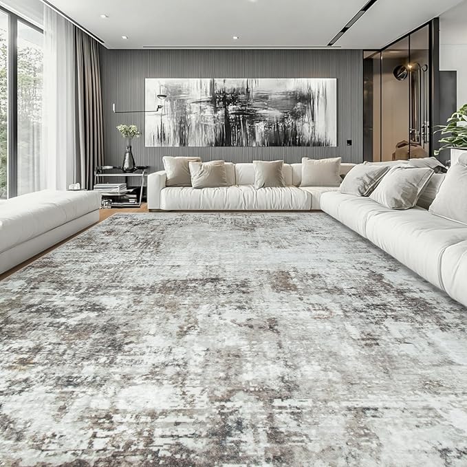 10x14 Area Rugs Large Living Room Rug Washable: Modern Abstract Rug Indoor Modern Carpet Non Slip for Dining Room Bedroom Nursery Home Office Brown Grey