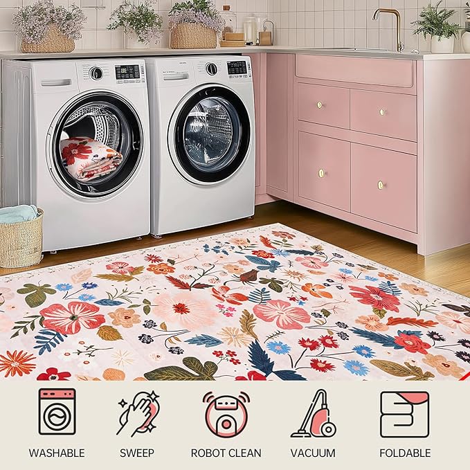 2x6 Runner Rugs for Hallways Non Slip with Rubber Backing Stain Resistant Area Rug Washable Beige Boho Floral Ultra-Thin Carpet Rugs Indoor for Entryway Kitchen Bedroom Laundry Bathroom Stairwell