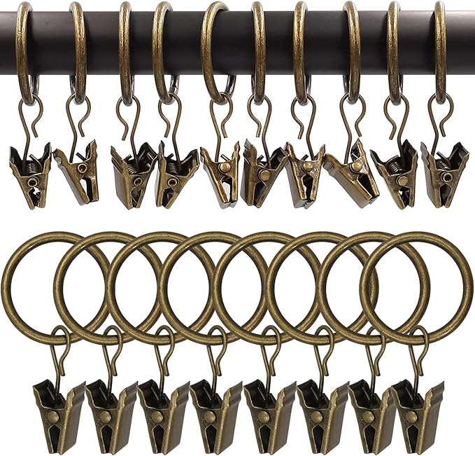 100 Pack Bronze Curtain Rings with Clips, Curtain Hooks Hangers Clip Rings for Hanging Drapes Bows Hat, Drapery Rings 1 in I D, Fits up to 5/8 in Diameter Curtain Rod.