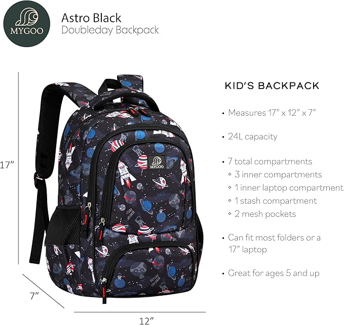 Kids Backpack - Astro Black | Durable Elementary School Bag for Boys | 17" Tall | 24L Capacity