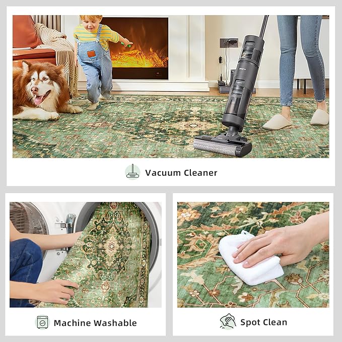 10x12 Green Rugs for Living Room Bedroom, Washable Area Rugs Non Slip Large Rug for Dining Room Office, Floor Decoration Vintage Boho Big Rug Carpet Low-Pile Kid & Pet Friendly
