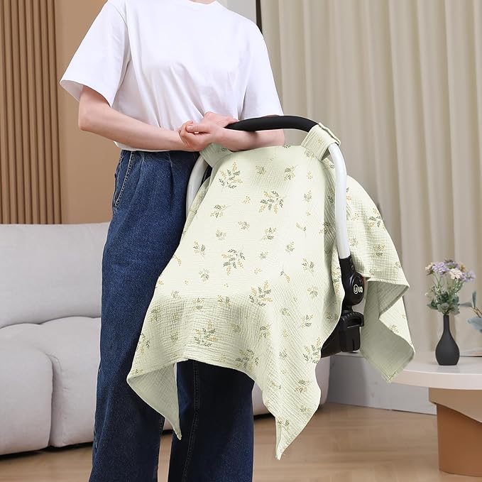 100% Muslin Cotton Car Seat Cover Baby, Carseat Canopy Cover, Universal Fit Stroller Covers for Boys and Girls (Green Beige Leaf)