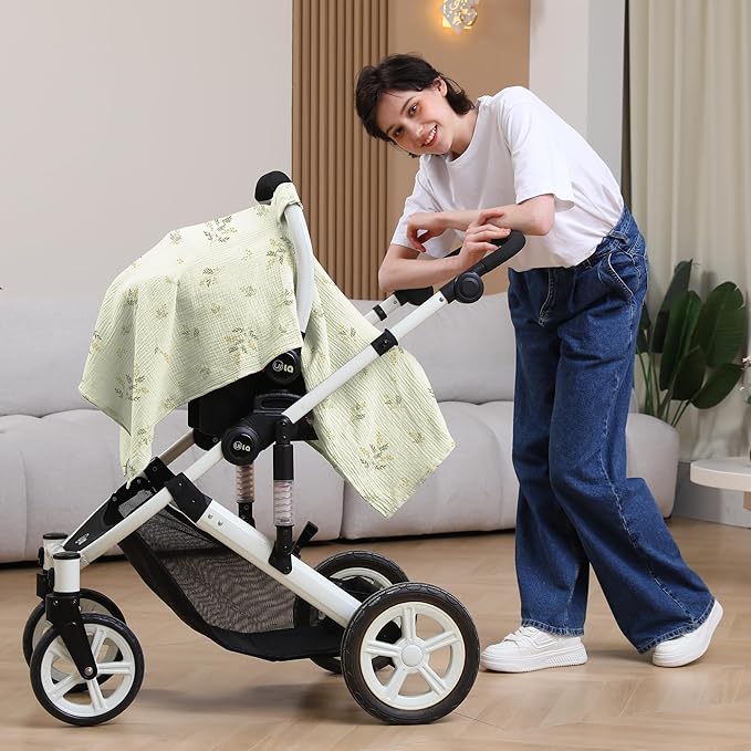 100% Muslin Cotton Car Seat Cover Baby, Carseat Canopy Cover, Universal Fit Stroller Covers for Boys and Girls (Green Beige Leaf)