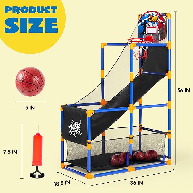 JOYIN Arcade Basketball Game Set with 4 Balls and Hoop for Kids 3 to 12 Years Old Indoor Outdoor Sport Play - Easy Set Up - Air Pump Included - Ideal for Competition