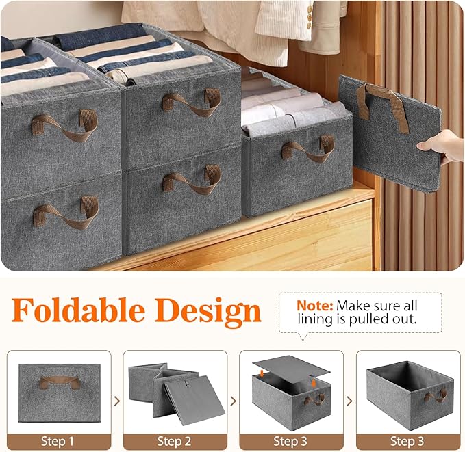 10 Pack Large Capacity Storage Bins, 25L Fabric Closet Organizer With Handles, Collapsible Baskets for Shelves, Clothing, Sheets, Books, Toys (Gray)