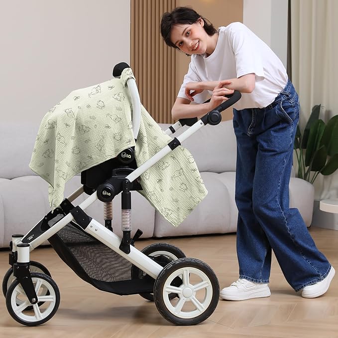 100% Muslin Cotton Car Seat Cover Baby, Carseat Canopy Cover, Universal Fit Stroller Covers for Boys and Girls (Cute Elephant)