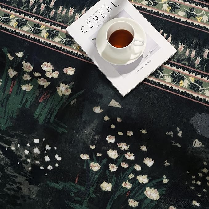 3x5 Washable Rug Impressionist-Style Vintage Non Slip Low Pile Small Carpet for Bedroom Bedside Kitchen Entryway Kids Room Office College Dorm Essentials for Girls, Green