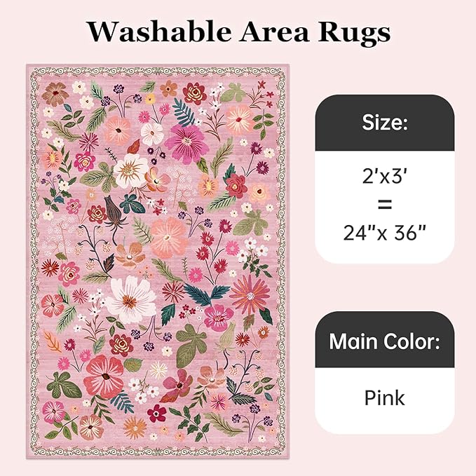 2x3 Washable Entryway Rugs Pink Boho Vintage Floral Pattern Non Slip with Rubber Backing Small Rugs Stain Resistant Faux Fur Low Pile Door Mat for Front Door Kitchen Bedroom Girls Bathroom Laundry