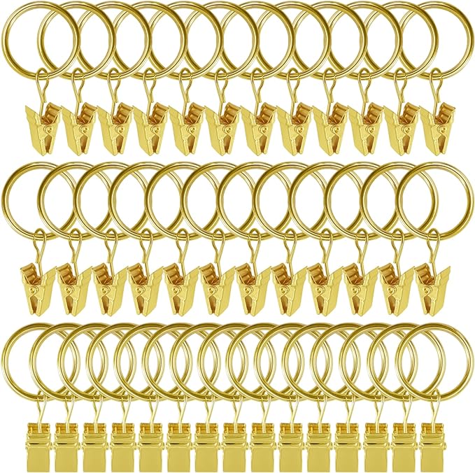 100 Pack Gold Curtain Rings with Clips, Curtain Hooks Hangers Clip Rings for Hanging Drapes Bows Hat, Drapery Rings 1 in I D, Fits up to 5/8 in Diameter Curtain Rod.