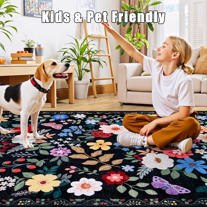 10x12 Area Rugs for Living Room: Floral Washable Rug Vintage Large Soft Boho Non-Slip Carpet Stain Resistant Low Pile Carpets for Bedroom Dining Room Farmhouse Nursery Hallway Home Office Black