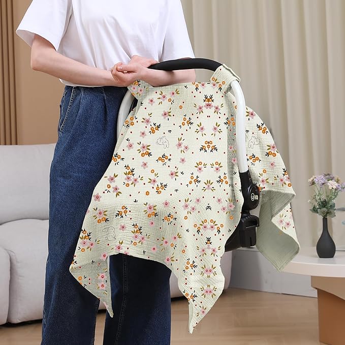100% Muslin Cotton Car Seat Cover Baby, Carseat Canopy Cover, Universal Fit Stroller Covers for Boys and Girls (Beige Floral)