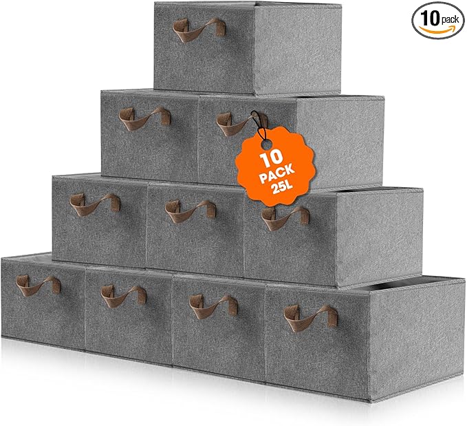 10 Pack Large Capacity Storage Bins, 25L Fabric Closet Organizer With Handles, Collapsible Baskets for Shelves, Clothing, Sheets, Books, Toys (Gray)