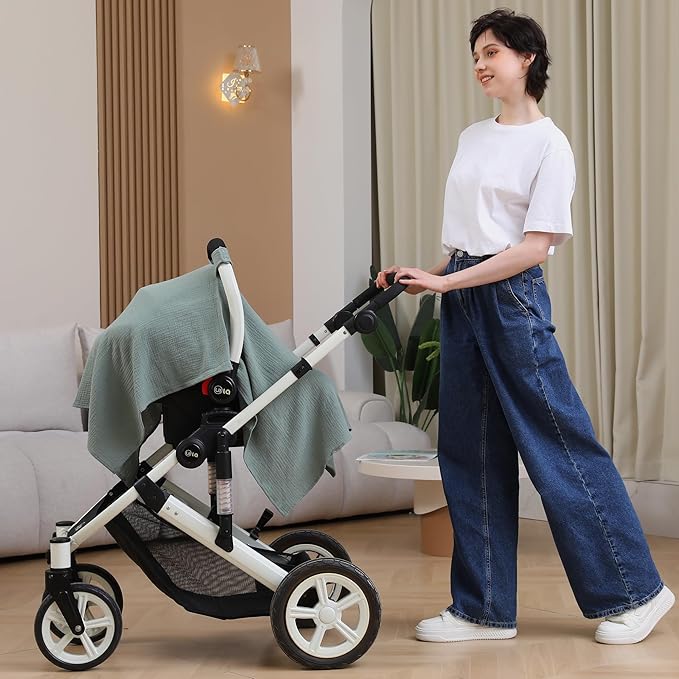 100% Muslin Cotton Car Seat Cover Baby, Carseat Canopy Cover, Universal Fit Stroller Covers for Boys and Girls (Roman Green)