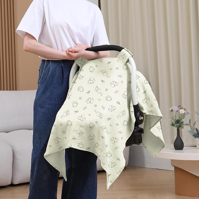 100% Muslin Cotton Car Seat Cover Baby, Carseat Canopy Cover, Universal Fit Stroller Covers for Boys and Girls (Cute Elephant)