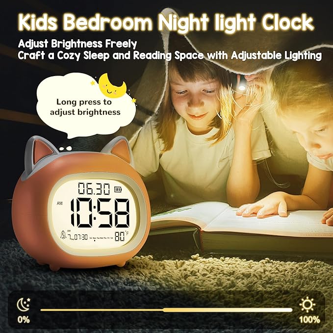 Kids Alarm Clock with Night Light for Kids, Small Digital Alarm Clocks for Bedrooms, Routine Builder, Cute Cat Alarm Clock with Sleep Training, Snooze, 12/24H, Date & Day, Temperature, USB Port