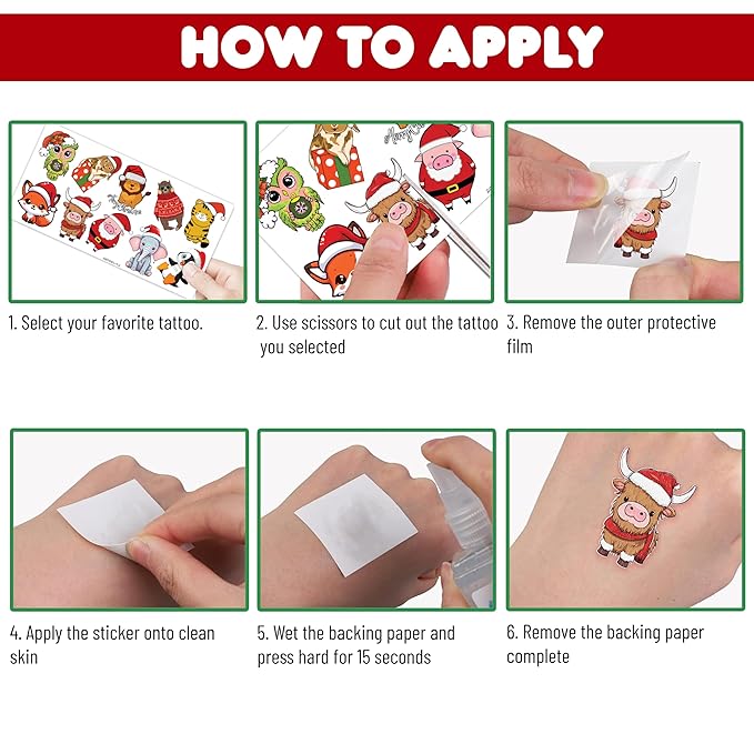 100 PCS Noel Christmas Animal Temporary Tattoos Sticker Jungle Birthday Christmas Party Decorations Supplies Favors Gifts Boys Girls Safari Zoo Cute Fake Tattoo School Reward Themed Santa Claus Xmas