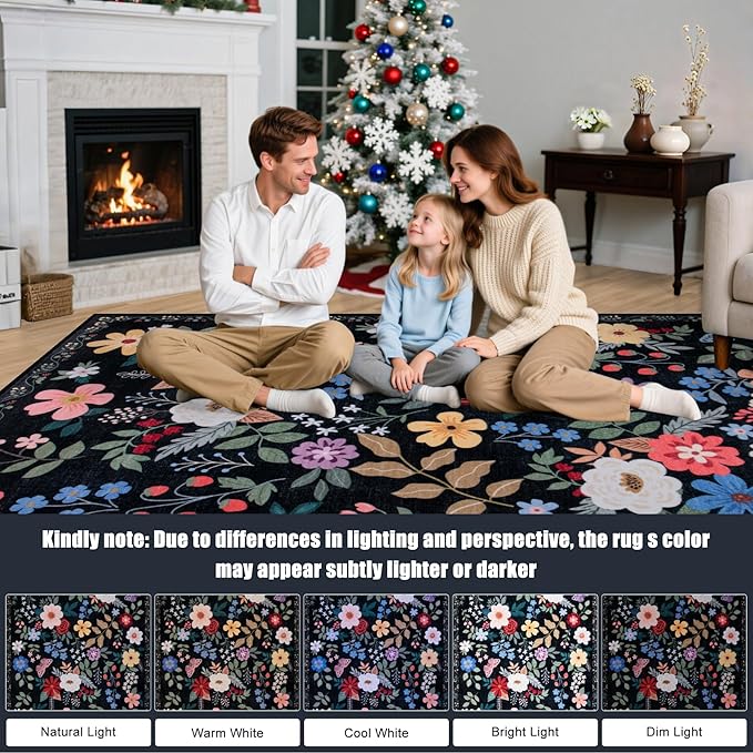 10x14 Area Rugs for Living Room: Floral Washable Rug Vintage Large Soft Boho Non-Slip Carpet Stain Resistant Low Pile Carpets for Bedroom Dining Room Farmhouse Nursery Hallway Home Office Black